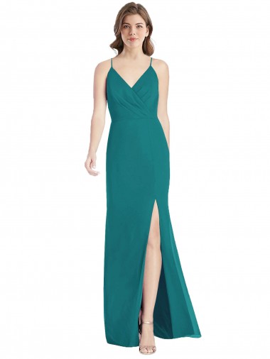Online Cazador Verde Sirena Tirantes espagueti Cuello en V Gasa Largo Vestidos de dama de honor