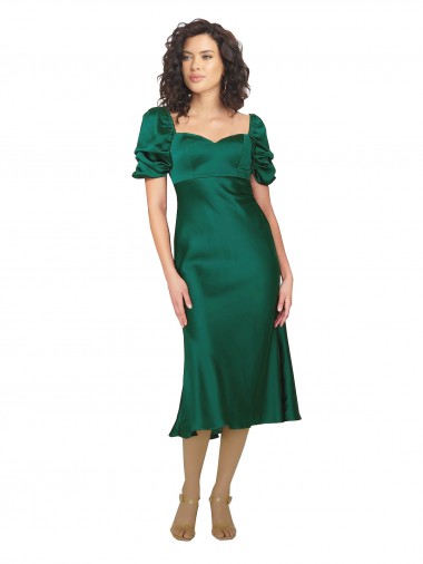Online Cazador Verde línea A Cuello de Corazón Midi Satén sedoso Corto Formales Vestidos de dama de honor / Vestidos de fiesta