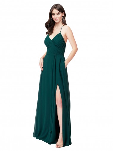 Online Cazador Verde línea A Cuello en V Gasa Largo Vestidos de dama de honor