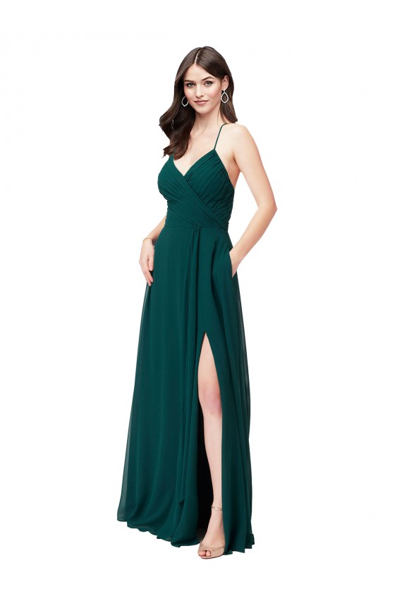Online Cazador Verde línea A Cuello en V Gasa Largo Vestidos de dama de honor