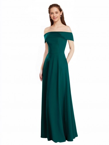 Online Cazador Verde línea A Hombros Descubiertos Gasa Largo Vestidos de dama de honor