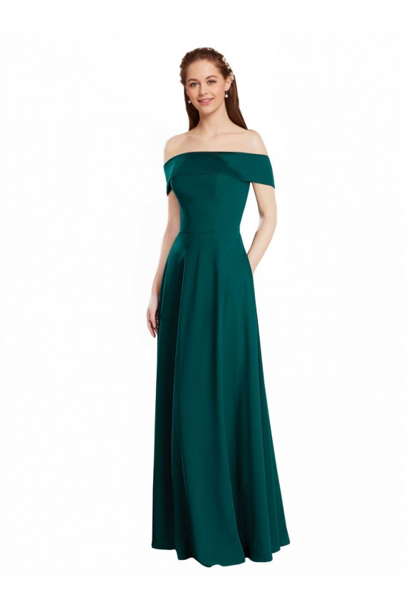 Online Cazador Verde línea A Hombros Descubiertos Gasa Largo Vestidos de dama de honor