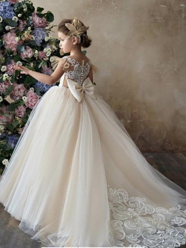 Online Champán Cuello de Corazón Cola capilla Tul Encaje Largo vestidos de niña de las flores