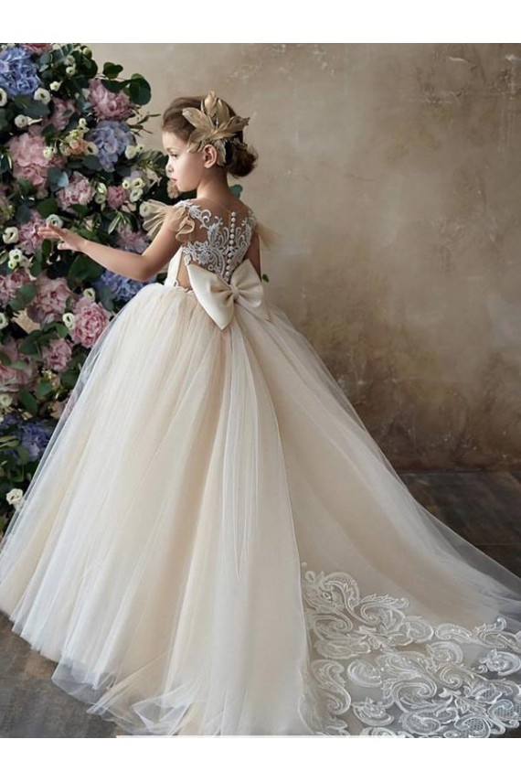 Online Champán Cuello de Corazón Cola capilla Tul Encaje Largo vestidos de niña de las flores