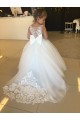 Online Champán Cuello de Corazón Cola capilla Tul Encaje Largo vestidos de niña de las flores