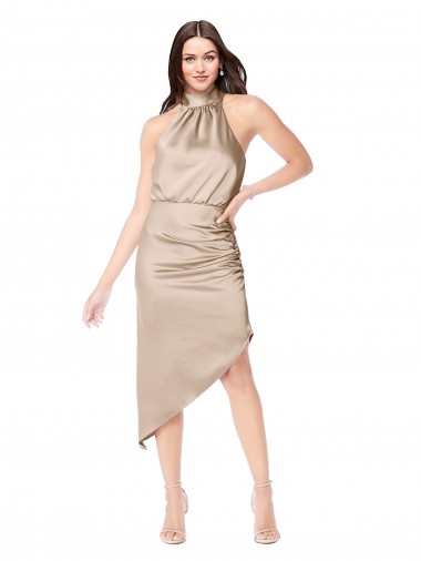 Online Champán Rosa línea A Halter Midi Satén sedoso Corto Asimétrico Vestidos de dama de honor / Vestidos de fiesta / Vestidos de cóctel / Vestidos para homecoming