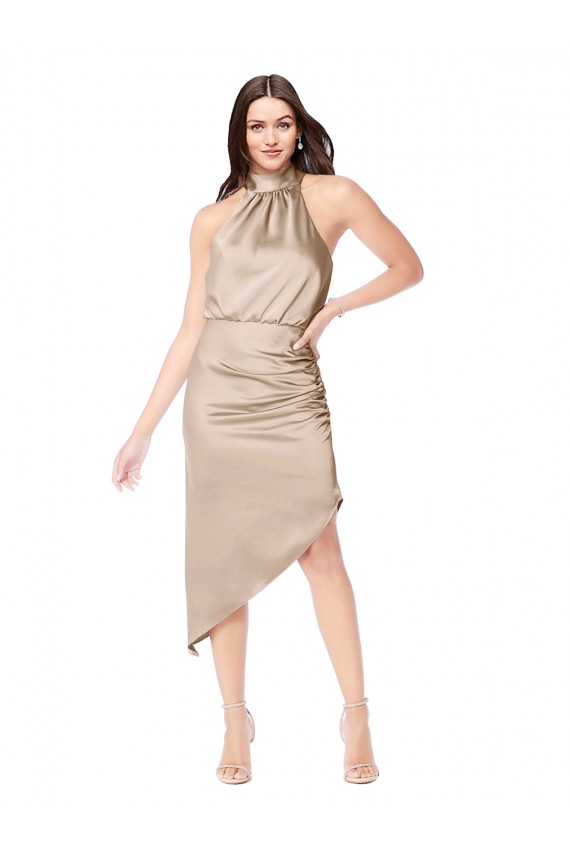 Online Champán Rosa línea A Halter Midi Satén sedoso Corto Asimétrico Vestidos de dama de honor / Vestidos de fiesta / Vestidos de cóctel / Vestidos para homecoming