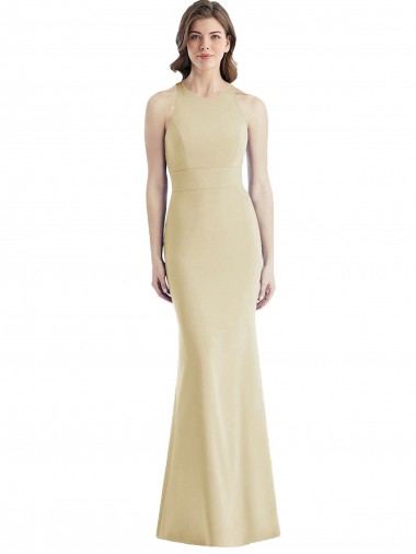 Online Champán Trompeta Barco Crepé Elástico Largo Vestidos de dama de honor / Vestidos de fiesta