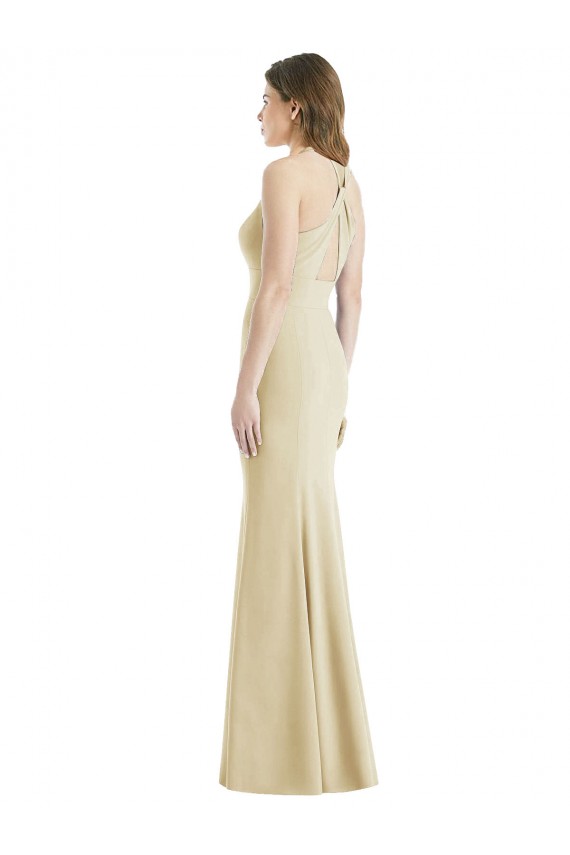 Online Champán Trompeta Barco Crepé Elástico Largo Vestidos de dama de honor / Vestidos de fiesta