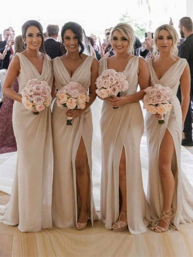 Online Champán línea A Cuello en V Gasa Largo Vestidos de dama de honor