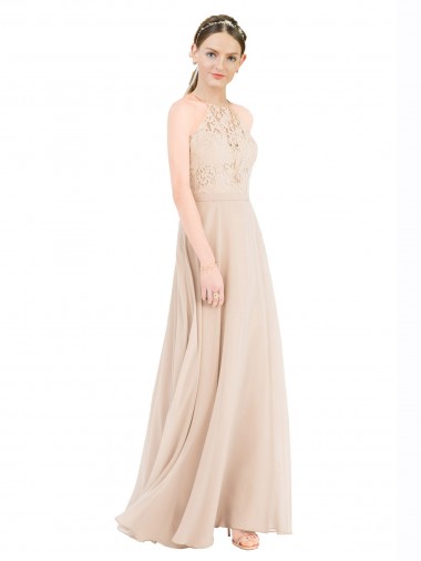 Online Champán línea A Halter Cuello Alto Gasa Encaje Largo Vestidos de dama de honor / Vestidos de fiesta