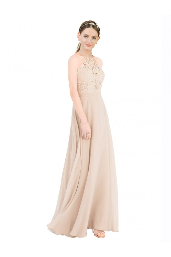Online Champán línea A Halter Cuello Alto Gasa Encaje Largo Vestidos de dama de honor / Vestidos de fiesta