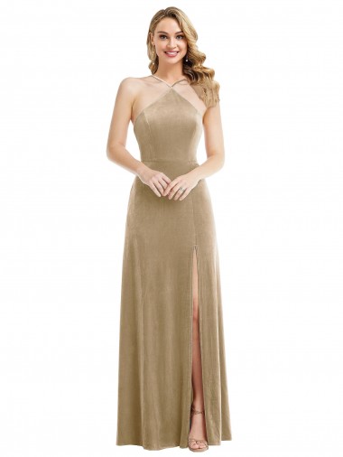 Online Champán línea A Halter Cuello Alto Terciopelo Elástico Largo Vestidos de dama de honor / Vestidos de fiesta