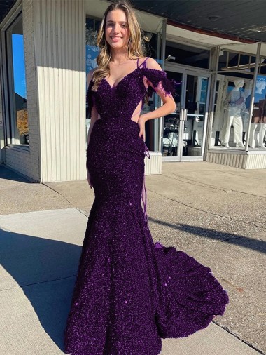Online Ciruela Cubierta Tirantes espagueti Cuello en V Cola corte Lentejuelas Terciopelo Largo Vestidos de fiesta