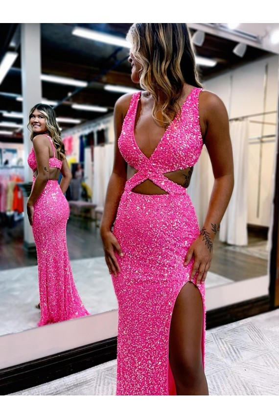 Online Color mostrado Cubierta Cuello en V Barrer tren Lentejuelas Terciopelo Largo Vestidos de fiesta