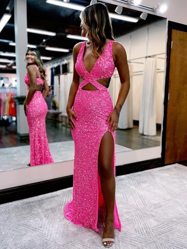 Online Color mostrado Cubierta Cuello en V Barrer tren Lentejuelas Terciopelo Largo Vestidos de fiesta