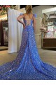 Online Color mostrado línea A Cuello en V Cola corte Lentejuelas Terciopelo Largo Vestidos de fiesta