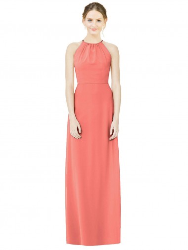 Online Coral línea A Halter Gasa Largo Vestidos de dama de honor