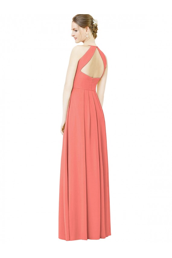 Online Coral línea A Halter Gasa Largo Vestidos de dama de honor