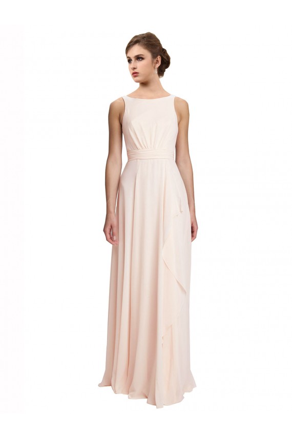 Online Crema Rosa línea A Barco Cuello Alto Gasa Largo Vestidos de dama de honor