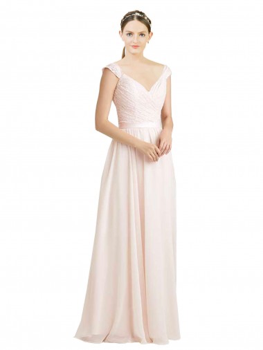 Online Crema Rosa línea A Cuello de Corazón Gasa Encaje Largo Vestidos de dama de honor