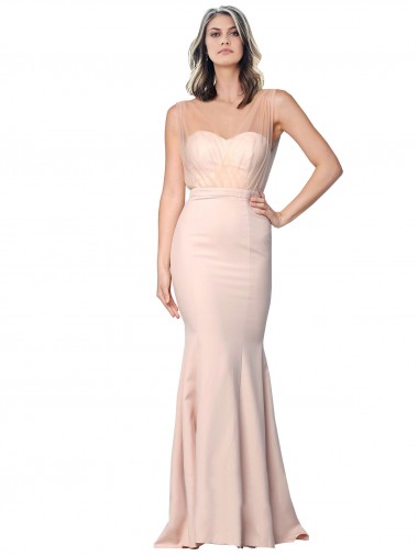 Online Cubierta Cuello de Corazón Crepé Elástico Tul Largo Formales Vestidos de dama de honor / Vestidos de fiesta