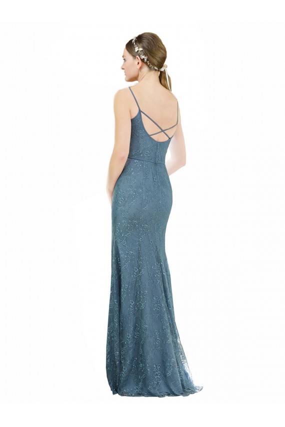 Online Cubierta Tirantes espagueti Cuello en V Encaje Largo Vestidos de dama de honor