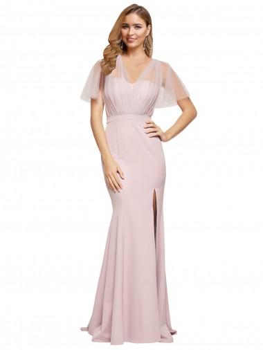 Online Cubierta Un Hombre Cuello de Corazón Crepé Elástico Tul Largo Formales Vestidos de dama de honor / Vestidos de fiesta