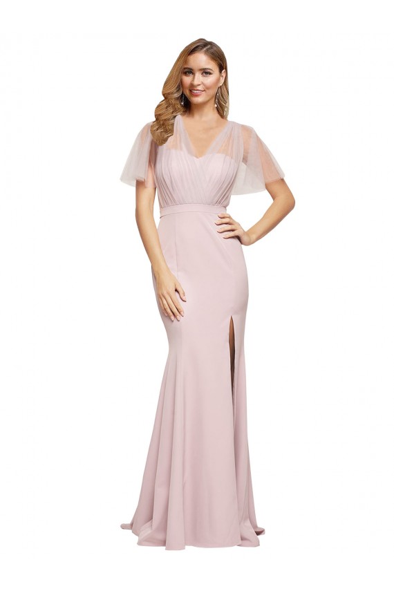 Online Cubierta Un Hombre Cuello de Corazón Crepé Elástico Tul Largo Formales Vestidos de dama de honor / Vestidos de fiesta