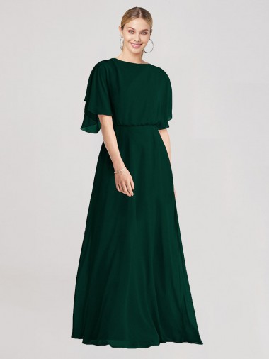 Online Evergreen línea A Cuello redondo Gasa Largo Vestidos de dama de honor