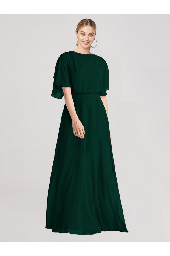 Online Evergreen línea A Cuello redondo Gasa Largo Vestidos de dama de honor