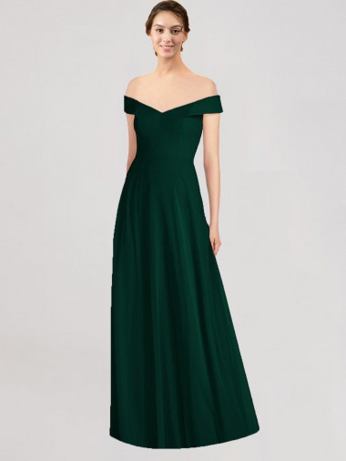 Online Evergreen línea A Hombros Descubiertos Cuello en V Gasa Largo Vestidos de dama de honor