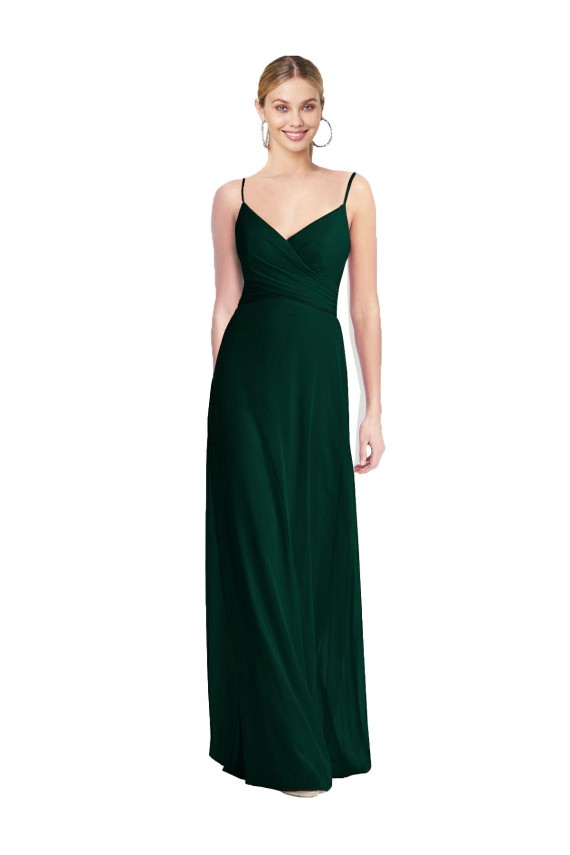 Online Evergreen línea A Tirantes espagueti Cuello en V Gasa Largo Vestidos de dama de honor