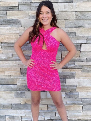 Online Fucsia Cubierta Halter Corto Lentejuelas Terciopelo Corto Vestidos de fiesta