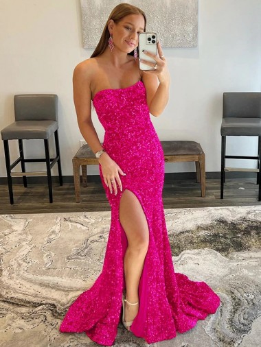 Online Fucsia Cubierta Sin tirantes Barrer tren Lentejuelas Terciopelo Largo Vestidos de fiesta