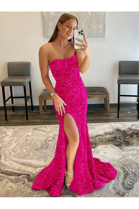 Online Fucsia Cubierta Sin tirantes Barrer tren Lentejuelas Terciopelo Largo Vestidos de fiesta