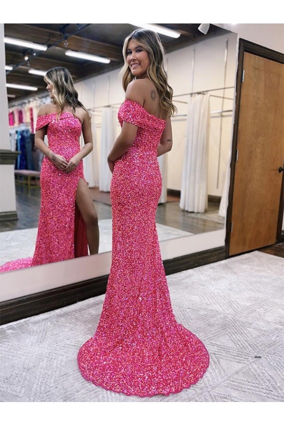 Online Fucsia Cubierta Un Hombre Barrer tren Lentejuelas Terciopelo Largo Vestidos de fiesta