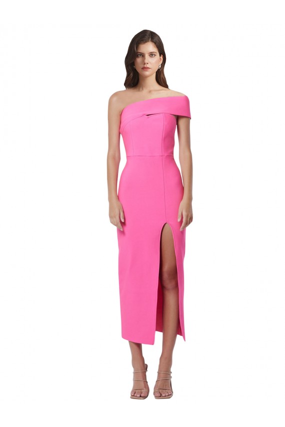 Online Fucsia Cubierta Un Hombre Midi Crepé Elástico Largo Formales Vestidos de dama de honor / Vestidos de fiesta / Vestidos de cóctel
