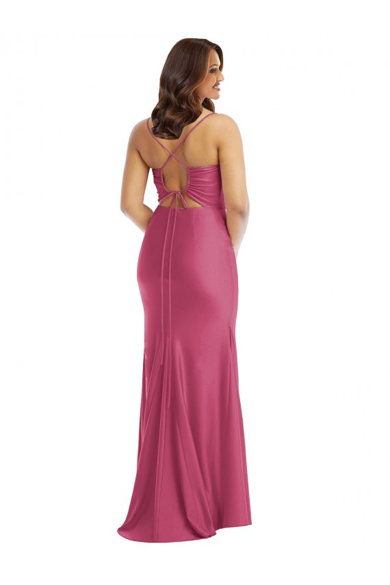 Online Fucsia Sirena Tirantes espagueti Satén sedoso Largo Formales Vestidos de dama de honor / Vestidos de fiesta