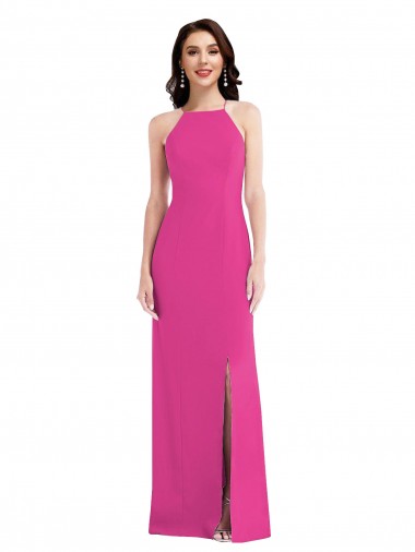 Online Fucsia Trompeta Halter Cuello Alto Crepé Elástico Largo Formales Vestidos de dama de honor / Vestidos de fiesta