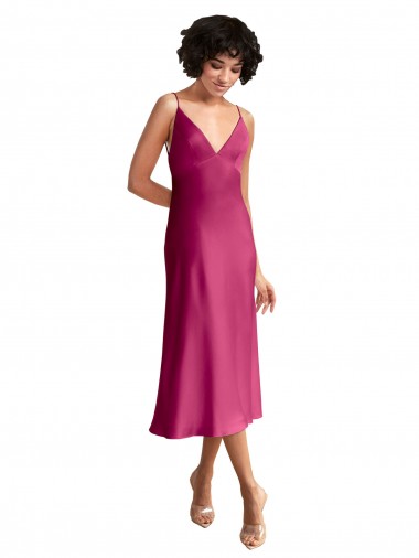 Online Fucsia línea A Cuello en V Midi Satén elástico Corto Formales Vestidos de dama de honor / Vestidos de fiesta / Vestidos de cóctel