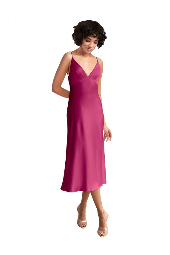 Online Fucsia línea A Cuello en V Midi Satén elástico Corto Formales Vestidos de dama de honor / Vestidos de fiesta / Vestidos de cóctel