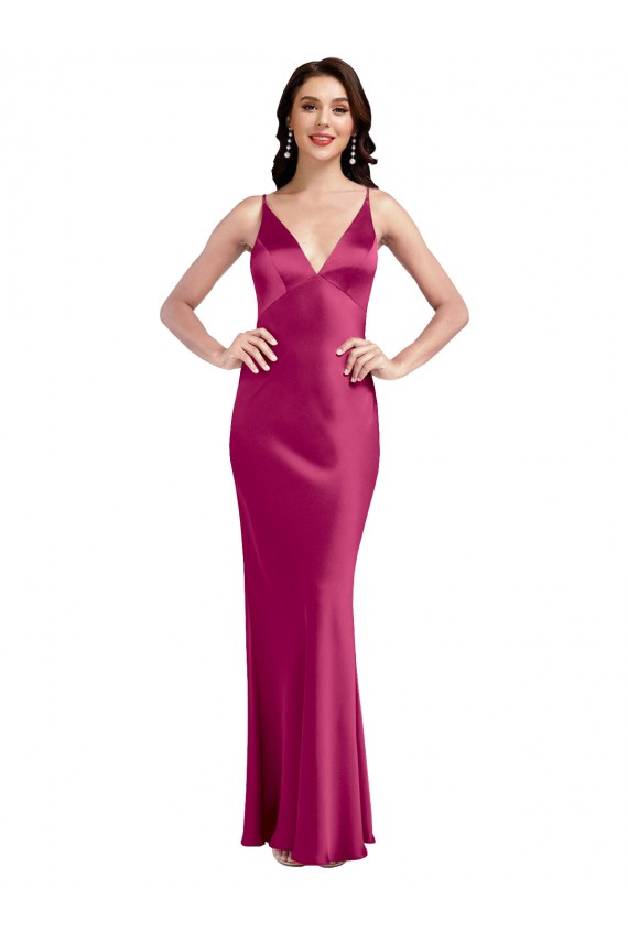 Online Fucsia línea A Tirantes espagueti Cuello en V Satén elástico Largo Formales Vestidos de dama de honor / Vestidos de fiesta