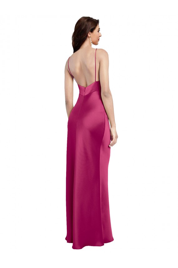 Online Fucsia línea A Tirantes espagueti Cuello en V Satén elástico Largo Formales Vestidos de dama de honor / Vestidos de fiesta