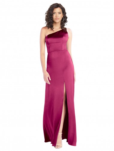 Online Fucsia línea A Un Hombre Satén elástico Largo Formales Vestidos de dama de honor / Vestidos de fiesta