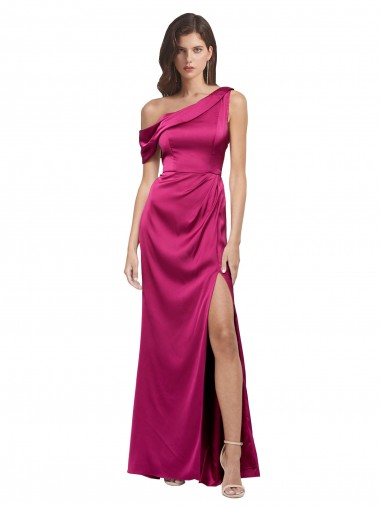 Online Fucsia línea A Un Hombre Satén elástico Largo Formales Vestidos de dama de honor / Vestidos de fiesta