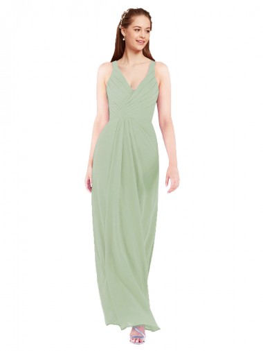 Online Humo Verde Cubierta Cuello en V Gasa Largo Vestidos de dama de honor