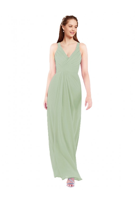 Online Humo Verde Cubierta Cuello en V Gasa Largo Vestidos de dama de honor