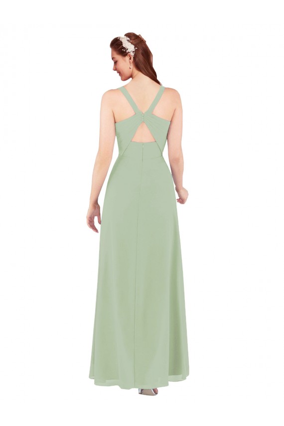 Online Humo Verde Cubierta Cuello en V Gasa Largo Vestidos de dama de honor