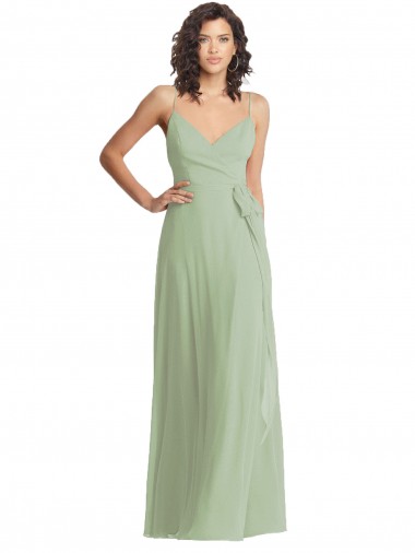 Online Humo Verde Trompeta Tirantes espagueti Cuello en V Gasa Largo Formales Vestidos de dama de honor / Vestidos de noche